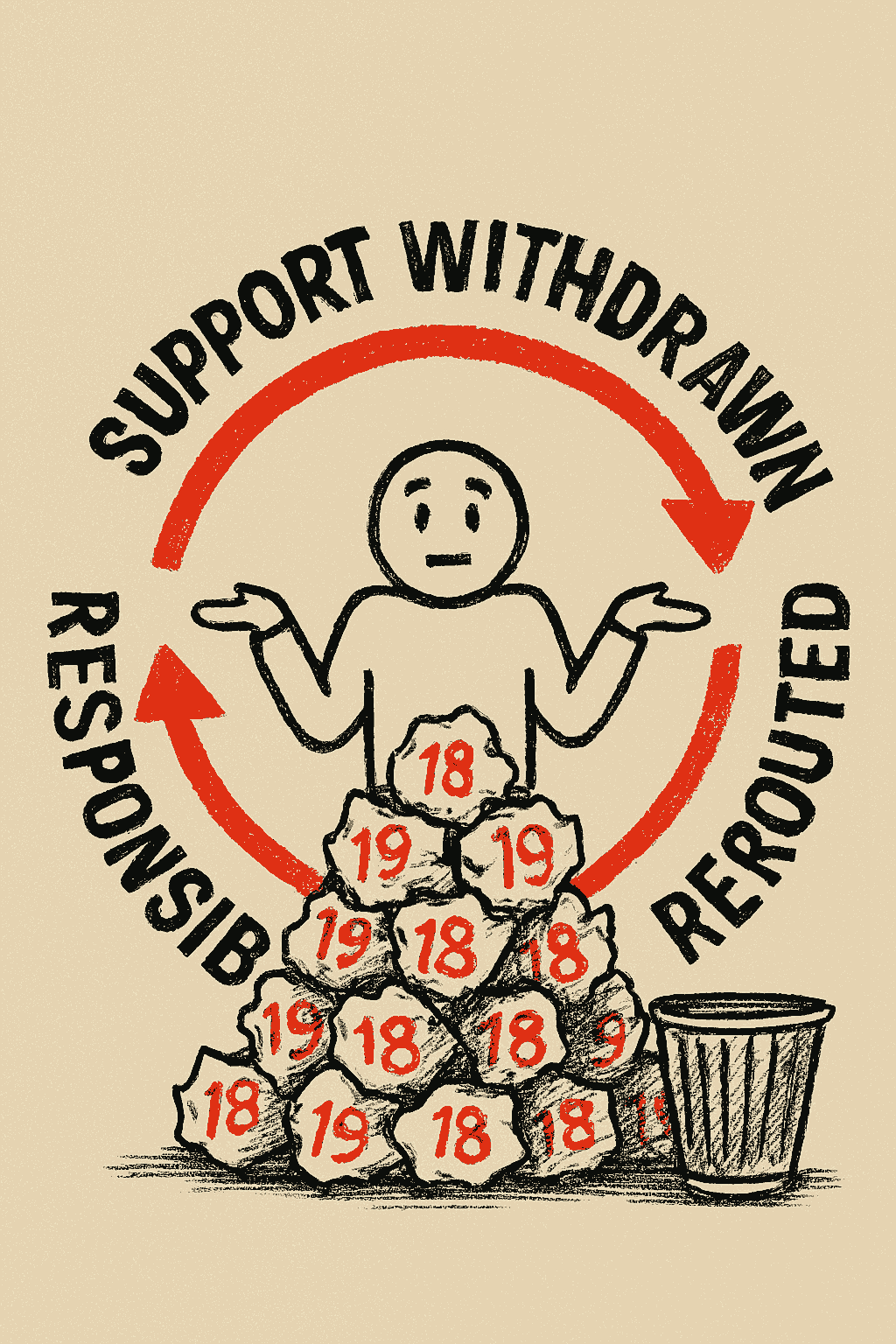 A black and white dketch showing a shrugging figure at the centre arms raised in uncertainty. Surrounding the figure is a red circular arrow forming a loop. Along the loop are phrases Responsibility Rerouted, Support Withdrawn. At the base is  crumpled paper with 18 & 19 in red symbolising discarded youth waiting to be put in a  transh can.