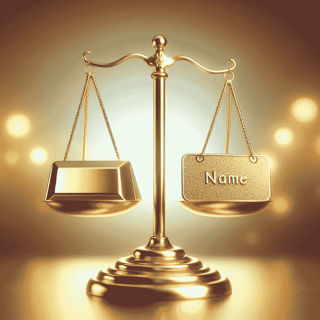 A golden balance scale suspended in warm light. One pan holds a polished gold bar—symbol of wealth, transaction, and institutional value. The other pan carries a plaque engraved with “Name”—evoking identity, integrity, and moral legacy. The composition suggests a quiet reckoning: the tension between what can be bought and what must be protected. A visual metaphor for the daily calibration between ethics and economy.