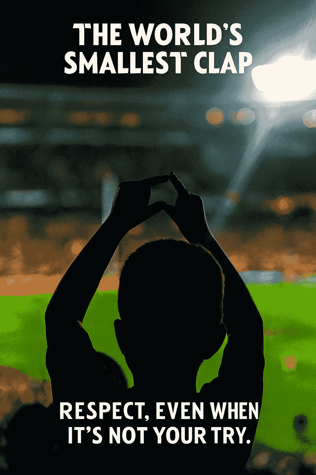 Silhouette of a young boy standing on a stadium seat at a nighttime rugby match, gently clapping with two index fingers raised above his head. Behind him, Eden Park glows with stadium lights and a blurred crowd of cheering fans. The gesture is subtle and respectful—symbolizing sportsmanship and acknowledgment, even when the opposing team scores. White text reads “The World’s Smallest Clap” at the top and “Respect, even when it’s not your try” at the bottom.