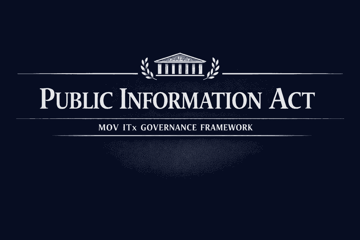 Public Information Act header: Navy blue banner with silver serif title “Public Information Act,” classical building emblem, and MOV ITx Governance Framework subtitle. Public Information Act header: Navy blue banner with silver serif title “Public Information Act,” classical building emblem, and MOV ITx Governance Framework subtitle.