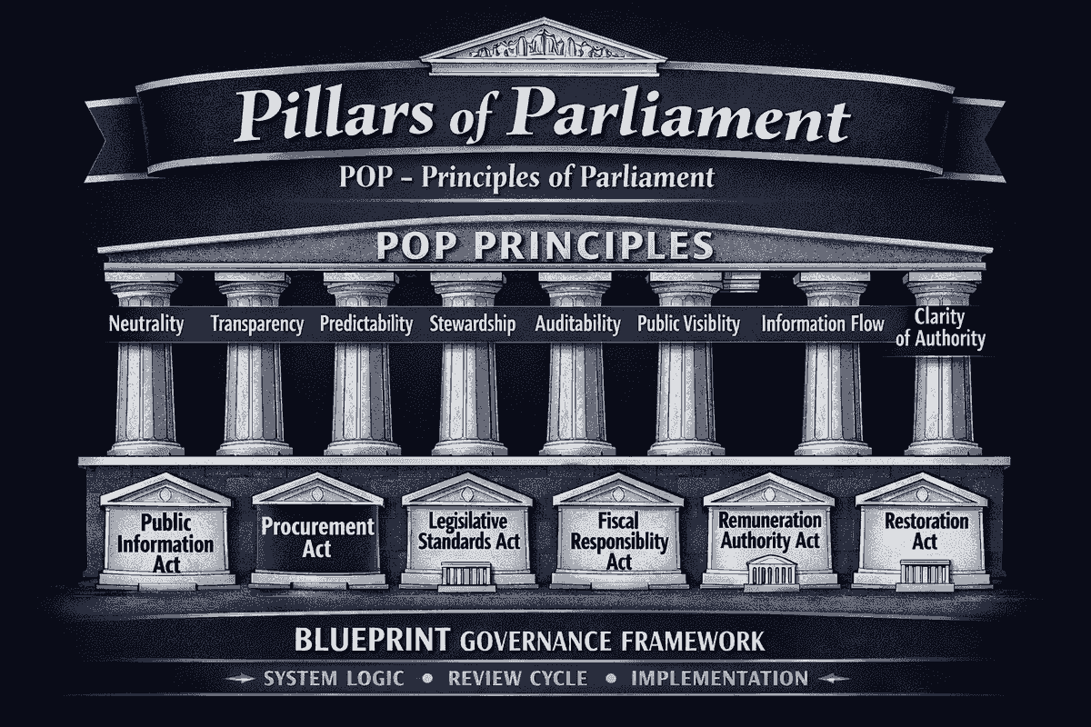 Diagram showing “Pillars of Parliament” (POP) as the overarching structure, with multiple legislative pillars beneath. Each pillar represents a core Act, visually arranged under the POP canopy, all styled in navy and silver to match the MOV ITx governance theme. Diagram showing “Pillars of Parliament” (POP) as the overarching structure, with multiple legislative pillars beneath. Each pillar represents a core Act, visually arranged under the POP canopy, all styled in navy and silver to match the MOV ITx governance theme.