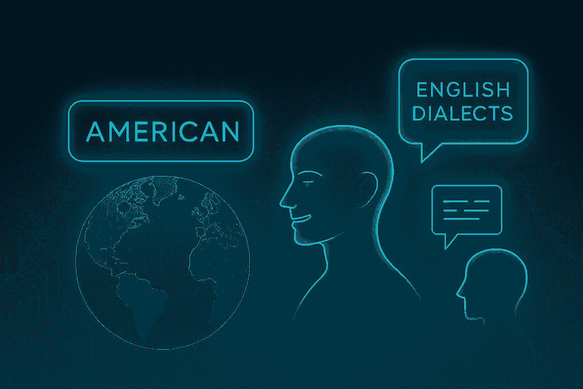 Dark background illustration showing Earth with glowing outlines of North and South America, Europe, and Africa. A glowing label above reads “AMERICAN.” To the right, two outlined human profiles face each other. The larger profile has a speech bubble labeled “ENGLISH DIALECTS,” while the smaller profile’s bubble contains three horizontal lines—symbolizing speech or text exchange.