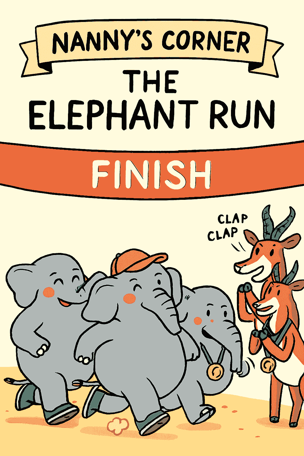 Three proud elephants crossing the red ribbon, flushed but smiling, each one a testament to grit over glamour. And those springboks? Medaled, clapping, and cheering like true allies in the great plod. The banner says it all: Finished