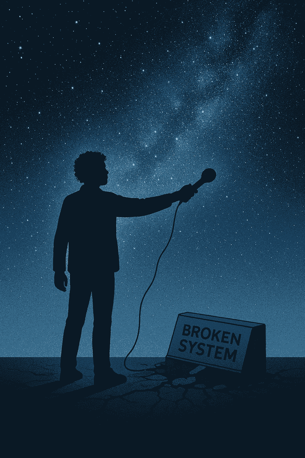 A silhouetted figure stands on cracked ground beneath a star-filled sky, holding a microphone outstretched toward the universe. At their feet lies a shattered device labeled “BROKEN SYSTEM,” surrounded by deep fissures. The posture is defiant, the gesture symbolic—a call for accountability, clarity, and cosmic response. The image evokes a refusal to collapse, a demand to be heard, and a bridge between silence and structure.