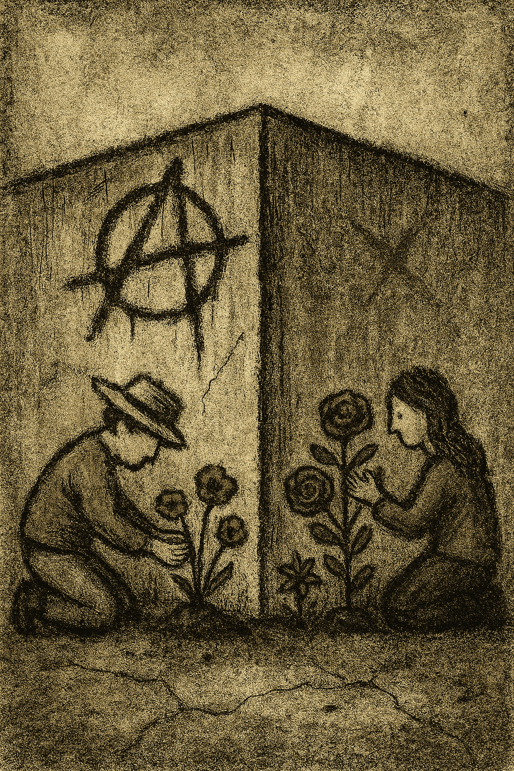 Sketch-style image of a fence with poppies and roses blooming on either side. The fence is rough and textured, with soil and roots visible. The image evokes coexistence, quiet care, and peace planted deliberately.