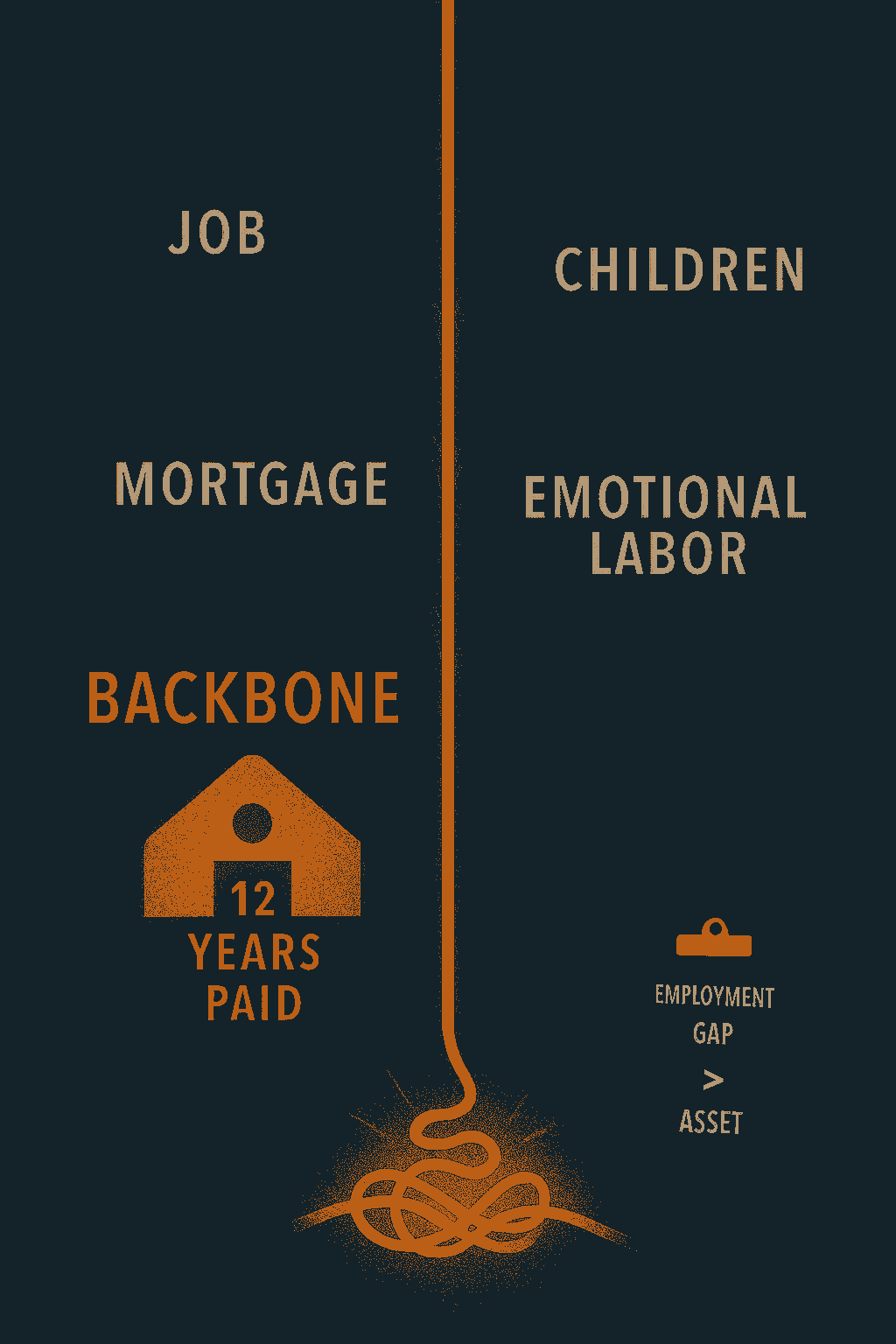 A glowing orange wire labeled “Backbone” branches into four wires labeled “Job,” “Children,” “Mortgage,” and “Emotional Labor.” Sparks fly from the tangled base, symbolizing resilience and clarity under pressure.