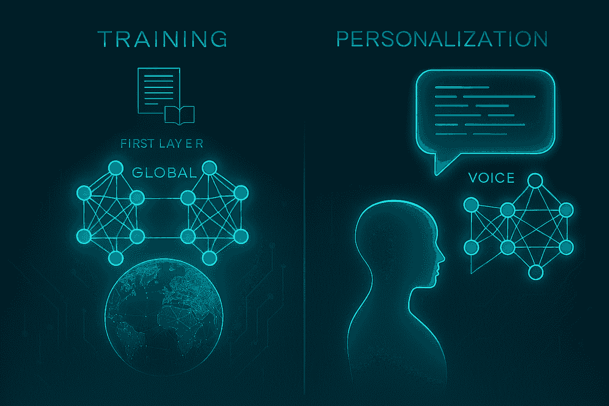 Split-panel illustration labeled “TRAINING” on the left and “PERSONALIZATION” on the right. Left side: An open book labeled “FIRST LAYER,” a neural network diagram labeled “GLOBAL,” and an image of Earth—representing global model training. Right side: A human head silhouette facing a speech bubble labeled “VOICE,” with a nearby neural network diagram—representing personalized AI adaptation based on voice input.
