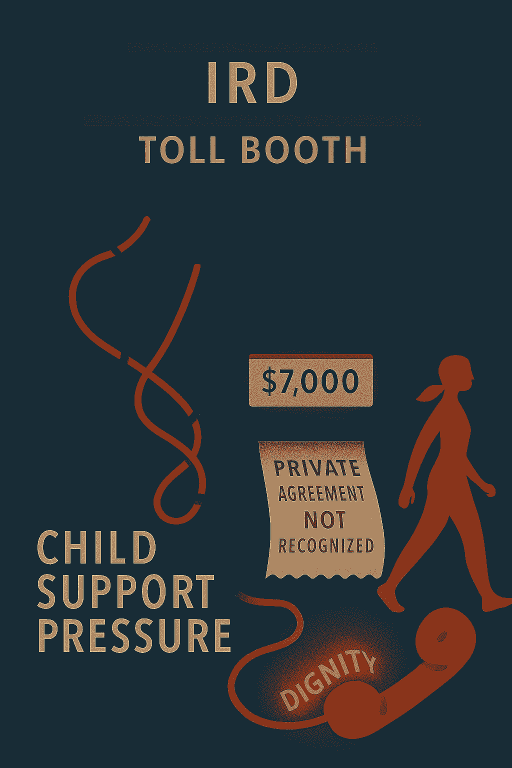 A toll booth labeled “IRD” prints a receipt for $7,000. A sign reads “Private Agreement Not Recognized.” A woman walks past on a glowing path, symbolizing backbone and autonomy despite institutional demands.
