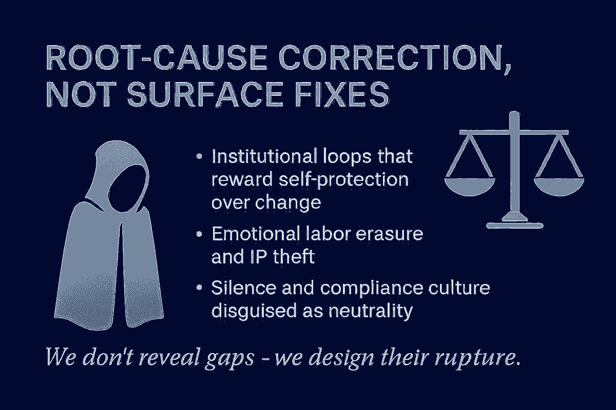 Dark navy slide with centered large text reading ‘Root Cause Correction not surface fixes" in steel blue. Text has a soft glow for contrast against the background. Minimal design with high color contrast and clear font for legibility. Visual anchors refusal-coded clarity and legacy elevation