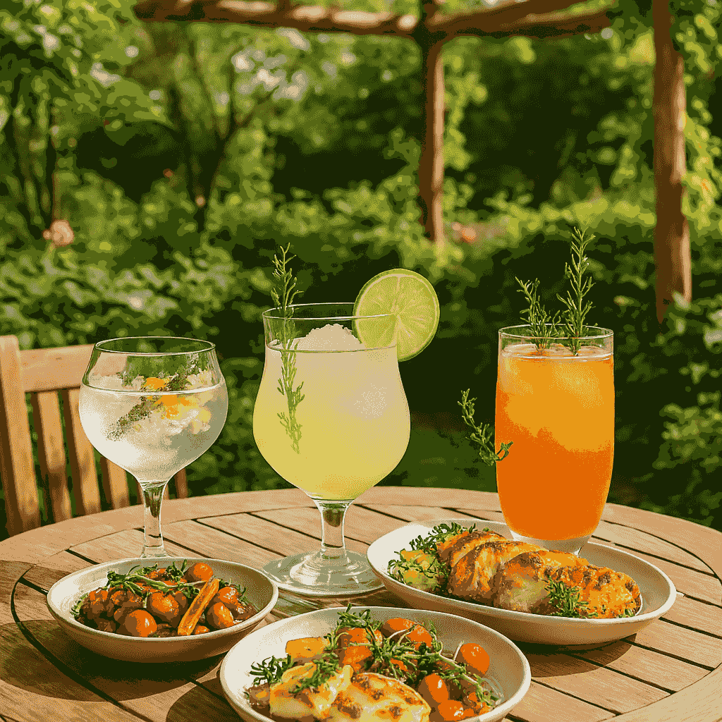A rustic wooden table set in a lush garden bar, surrounded by greenery and pink flowers under a leafy trellis. On the table are three thyme-garnished drinks—a clear gin and tonic with lemon twist, a pale lemonade with lime and thyme, and an orange mocktail with thyme sprig—alongside three thyme-flavored dishes: roasted root vegetables, grilled halloumi with cherry tomatoes, and sliced roasted chicken with lemon wedges. Sunlight filters through the leaves, casting soft shadows across the table.