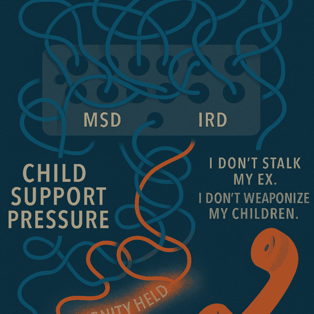 A chaotic switchboard with tangled wires labeled “MSD,” “IRD,” and “Child Support Pressure.” A disconnected phone sits nearby. One glowing wire labeled “Dignity Held” connects to the phone, symbolizing refusal to comply with institutional pressure.