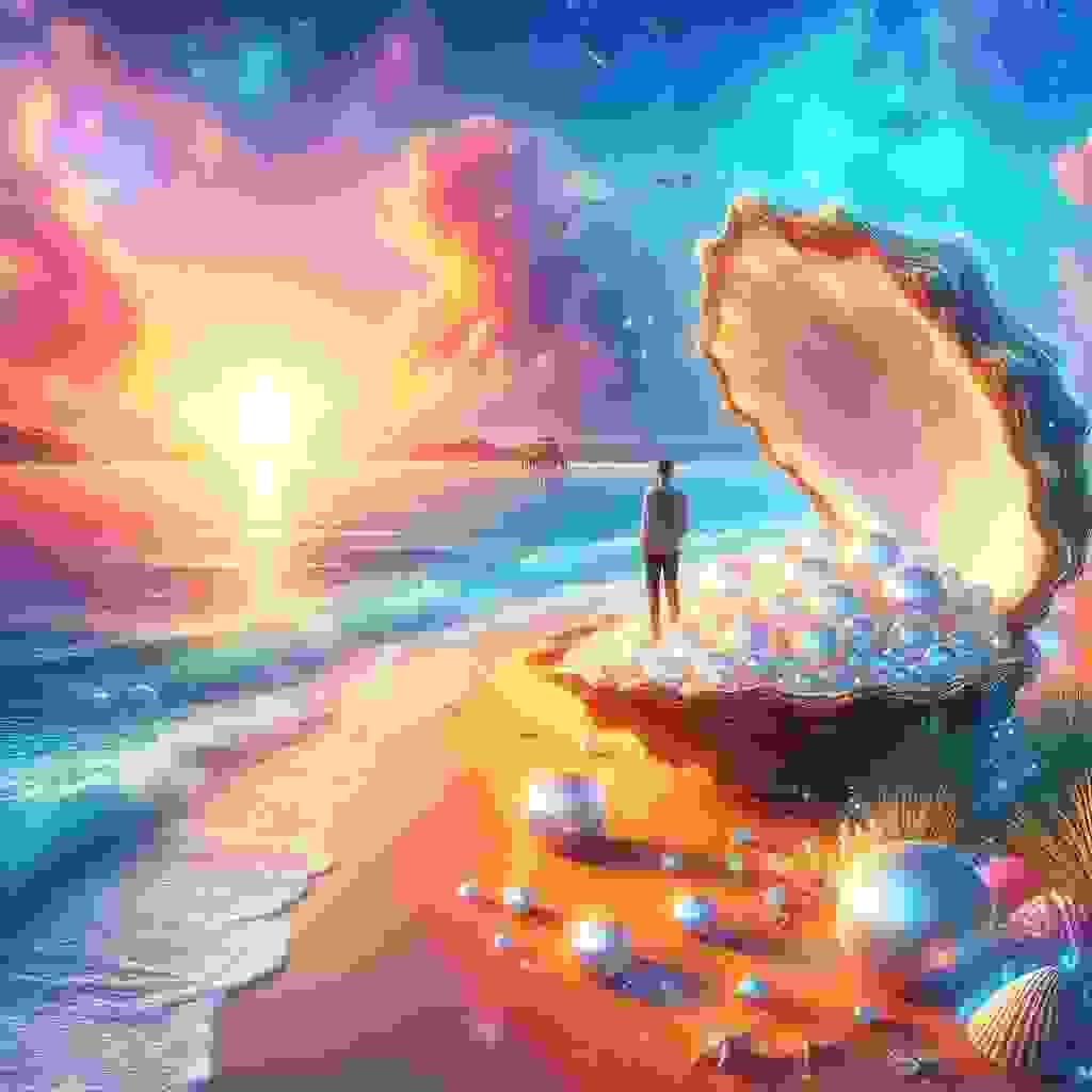 A person stands inside a giant open oyster shell on a glowing, surreal beach at sunset. The shell is filled with luminous pearls, and more pearls are scattered across the sand alongside starfish and coral-like plants. The sky is vibrant with deep blues, purples, oranges, and pinks, and birds fly across the horizon. A small house-like structure sits over the water in the distance. A person stands inside a giant open oyster shell on a glowing, surreal beach at sunset. The shell is filled with luminous pearls, and more pearls are scattered across the sand alongside starfish and coral-like plants. The sky is vibrant with deep blues, purples, oranges, and pinks, and birds fly across the horizon. A small house-like structure sits over the water in the distance.