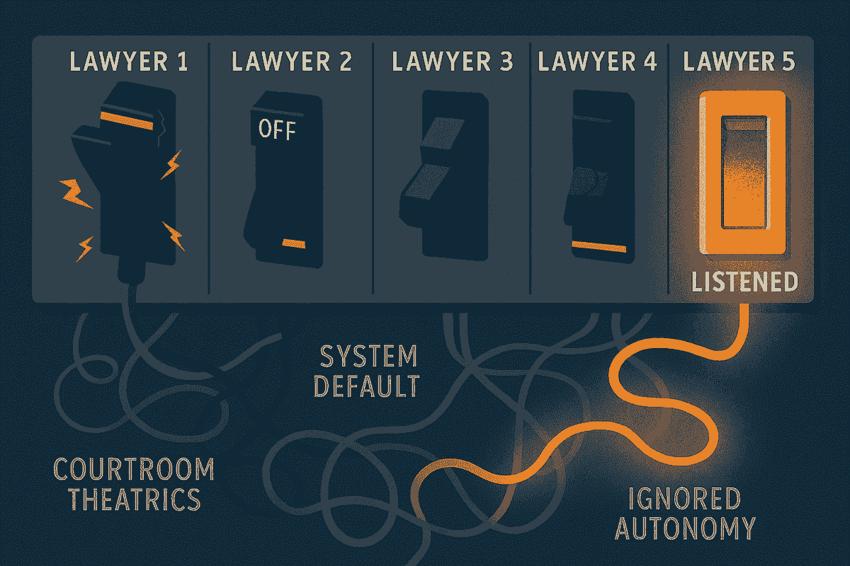 Five labeled circuit breaker switches represent lawyers. The first four are broken or off; the fifth glows and is labeled “Listened.” Tangled wires behind them are labeled “System Default,” “Courtroom Theatrics,” and “Ignored Autonomy.”
