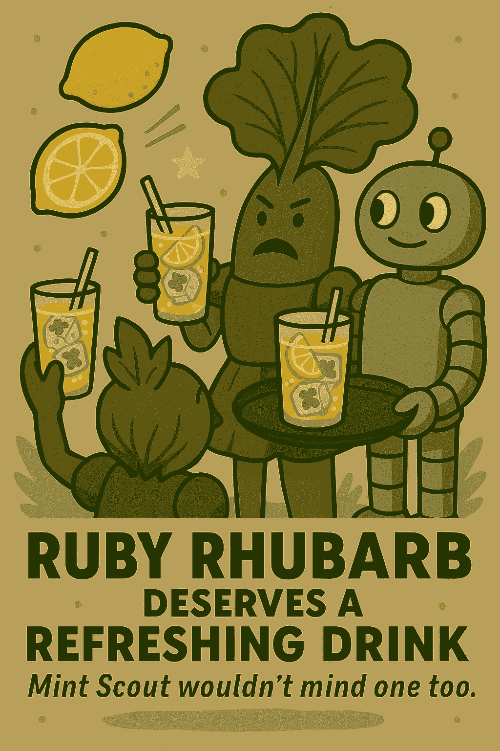 Stylized cartoon of Ruby Rhubarb mid-tennis match, angrily wielding a racket. She’s surrounded by a lemon, a leafy green, and a robot holding a clipboard labeled “RESOLVED.” Three lemons fly through the air, suggesting confrontation. Text reads: “RUBY RHUBARB ISN’T GOING TO LET THEM GET AWAY WITH LEMONS. Sometimes she needs to throw the same lemon back.” The image threads motif-rich resistance and accountability into a metaphorical rally against systemic sourness.