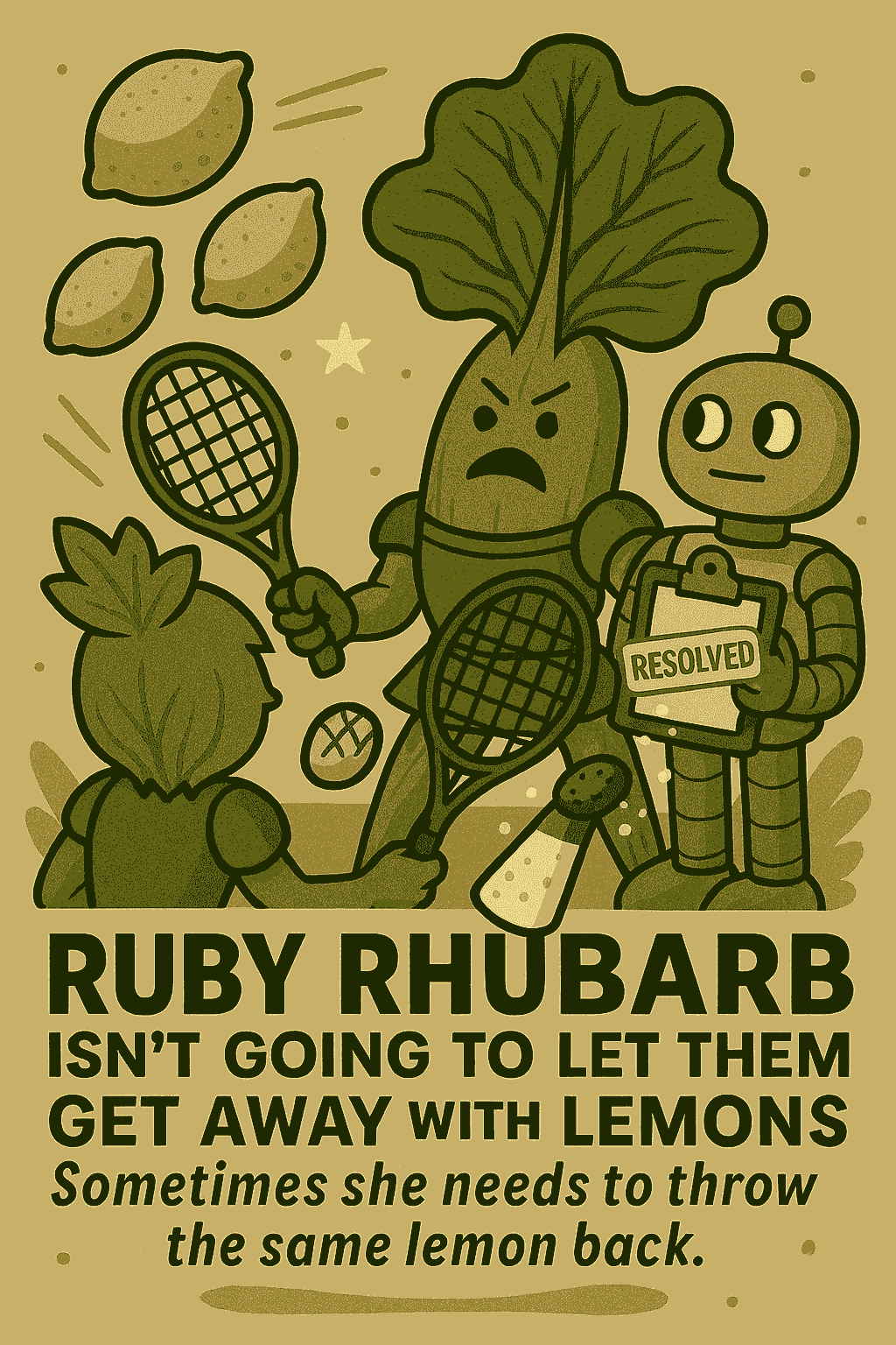 Cartoon illustration of Ruby Rhubarb with muscular arms, angrily holding a spray bottle and sugar cubes. A robot stands nearby with a “RESOLVED” clipboard. Three lemons fly through the air, seemingly repelled. Background includes leafy greens and a textured beige backdrop. Text reads: “RUBY RHUBARB ISN’T GOING TO LET THEM GET AWAY WITH LEMONS. They need a bit of sugar.” The image threads assertive sweetness into sour systems, advocating for recalibration with backbone and care.