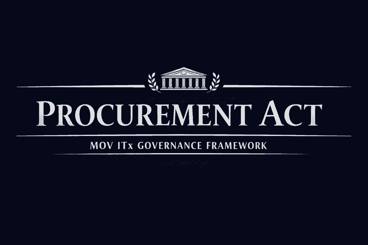 Procurement Act header: Navy blue banner with silver serif title “Procurement Act,” classical building emblem, and MOV ITx Governance Framework subtitle. Procurement Act header: Navy blue banner with silver serif title “Procurement Act,” classical building emblem, and MOV ITx Governance Framework subtitle.