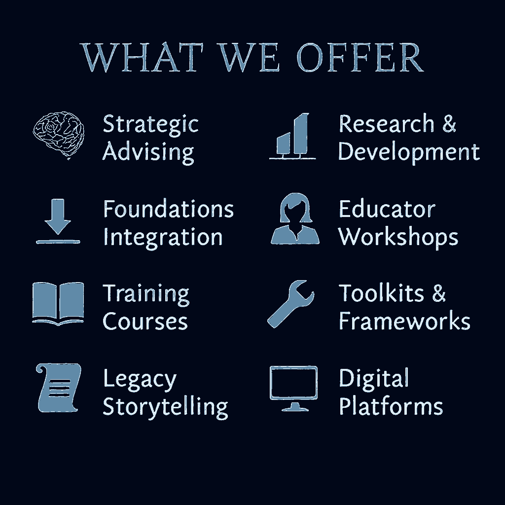 Promotional graphic titled ‘WHAT WE OFFER’ with a dark background and eight service offerings listed in steel blue text. Each service is paired with a distinct icon: Strategic Advising (brain), Research & Development (bar graph), Foundations Integration (arrow), Educator Workshops (person), Training Courses (book), Toolkits & Frameworks (wrench), Legacy Storytelling (scroll), and Digital Platforms (monitor). High contrast and clear layout support legibility and screen reader access