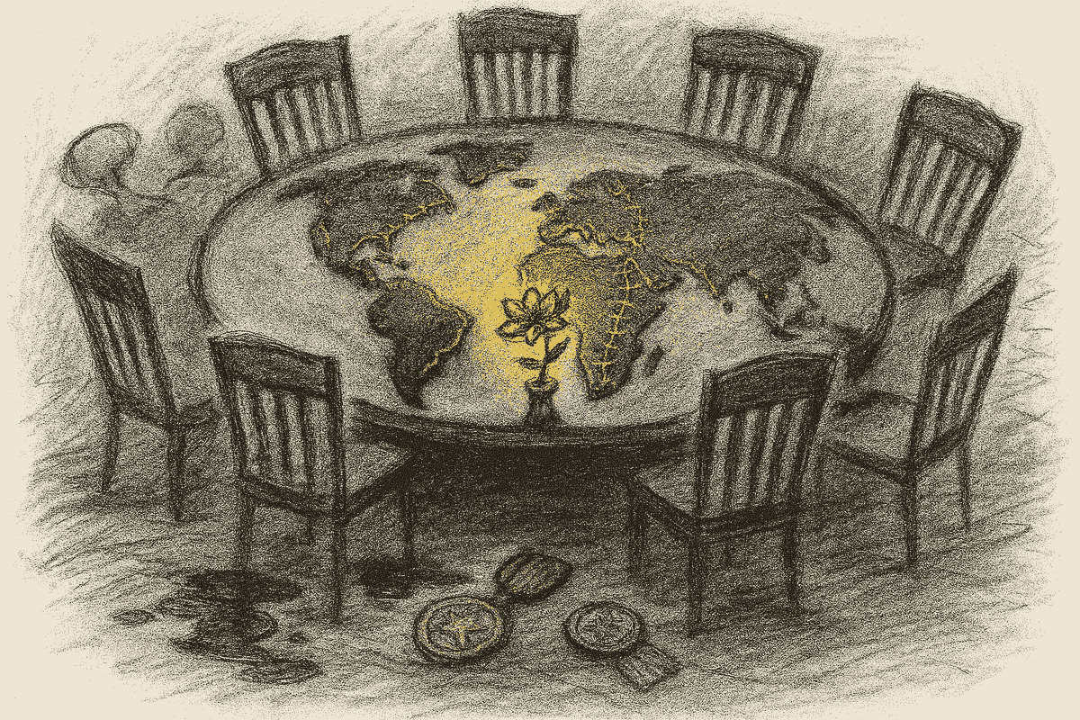 Expressive sketch-style illustration in muted gold and gray. A round table with a stitched map of the world at the center, glowing gold. Ink-like shadows pool around the borders of each continent. Eight empty chairs surround the table, one slightly pulled forward. In front of this chair, a single golden flower in a small vase. The image evokes invitation to guide, cross-border understanding, and the courage to lead.