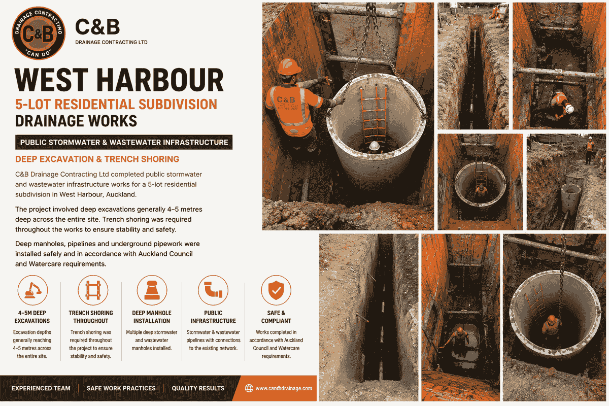 West Harbour 5-lot residential subdivision drainage works featuring deep 4–5 metre excavations, trench shoring, manhole installation, and public stormwater and wastewater infrastructure by C&B Drainage Contracting Ltd in Auckland. West Harbour 5-lot residential subdivision drainage works featuring deep 4–5 metre excavations, trench shoring, manhole installation, and public stormwater and wastewater infrastructure by C&B Drainage Contracting Ltd in Auckland.