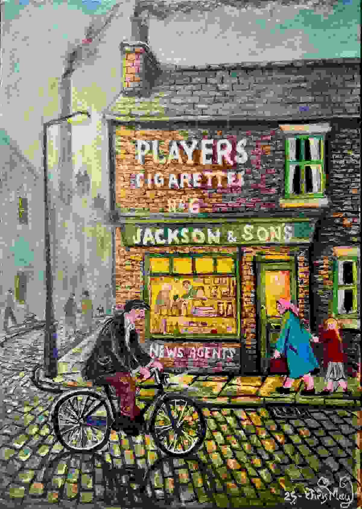 Jackson & Son's Newsagents (2025) - acrylic painting of a nostalgic corner shop in postwar britain, featuring a cyclist, mother, and child. By Chris May.