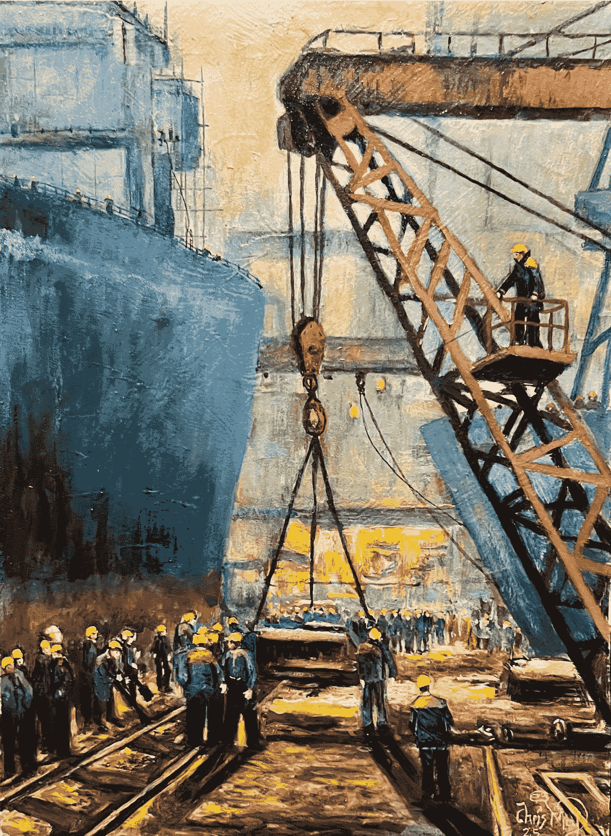 Painting of shipyard workers in yellow helmets coordinating under a red crane, guiding a suspended steel beam into place beside a massive ship, with vivid industrial tones and strong perspec