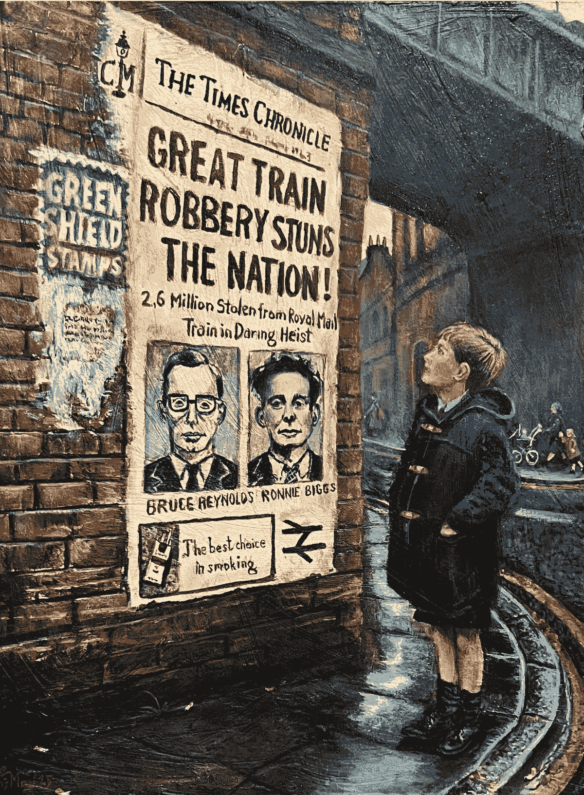 “Painting of a nostalgic British street scene with a young boy gazing at a Great Train Robbery poster on a brick wall. Acrylic artwork by Chris May, evoking 1960s urban memory and childhood imagination.”