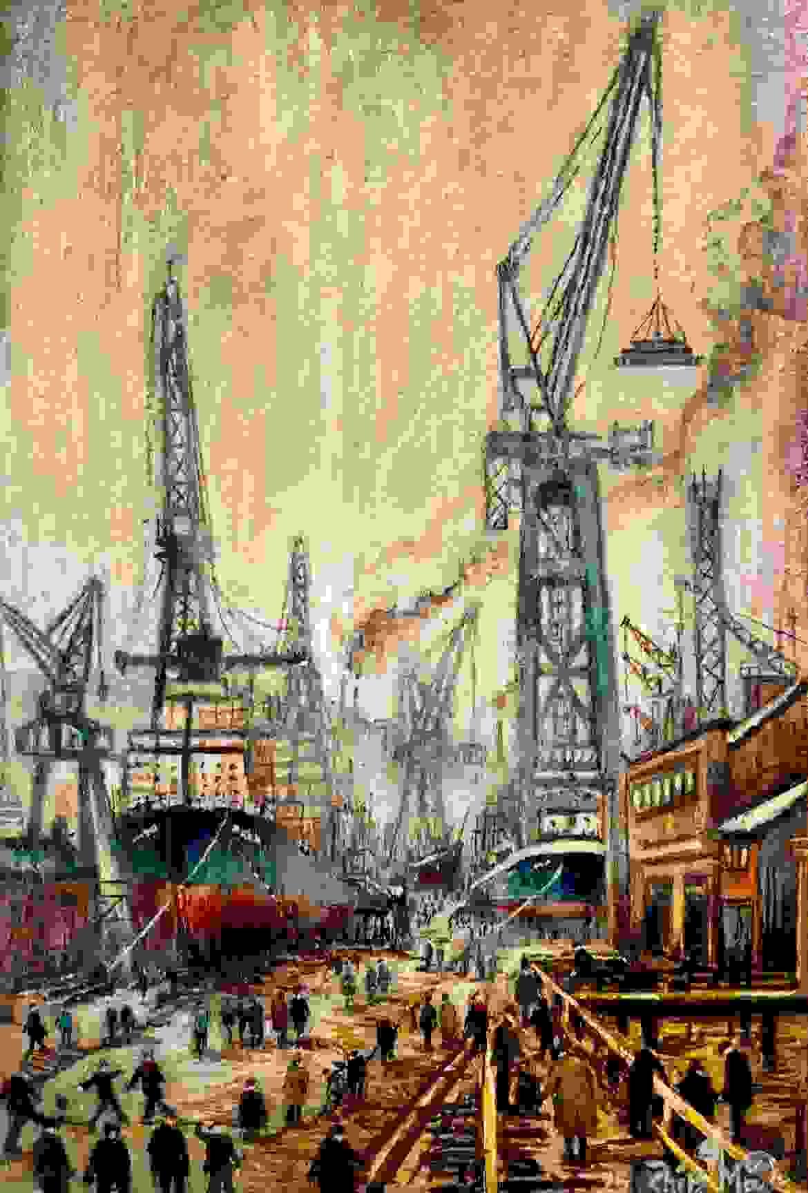''Industrial shipyard painting with cranes, ships under construction, and workers crossing a misty yard in the morning light - evoking Britain's dockyard heritage.''