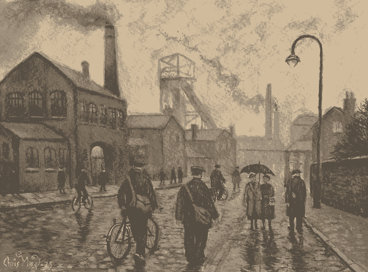 “Watercolour painting of coal workers leaving a colliery yard in the rain, with umbrellas, bicycles, and distant chimneys in a post-work scene.”