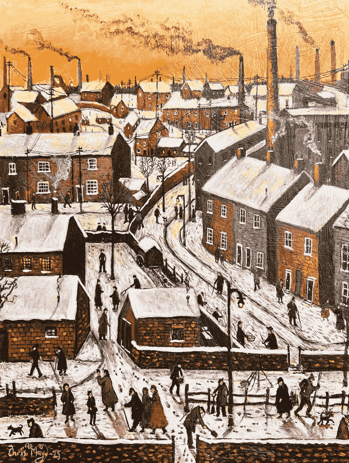 ''Snow-covered rooftops and streets bustle with figures in a northern town, under a golden sky - acrylic painting by Chris may.''