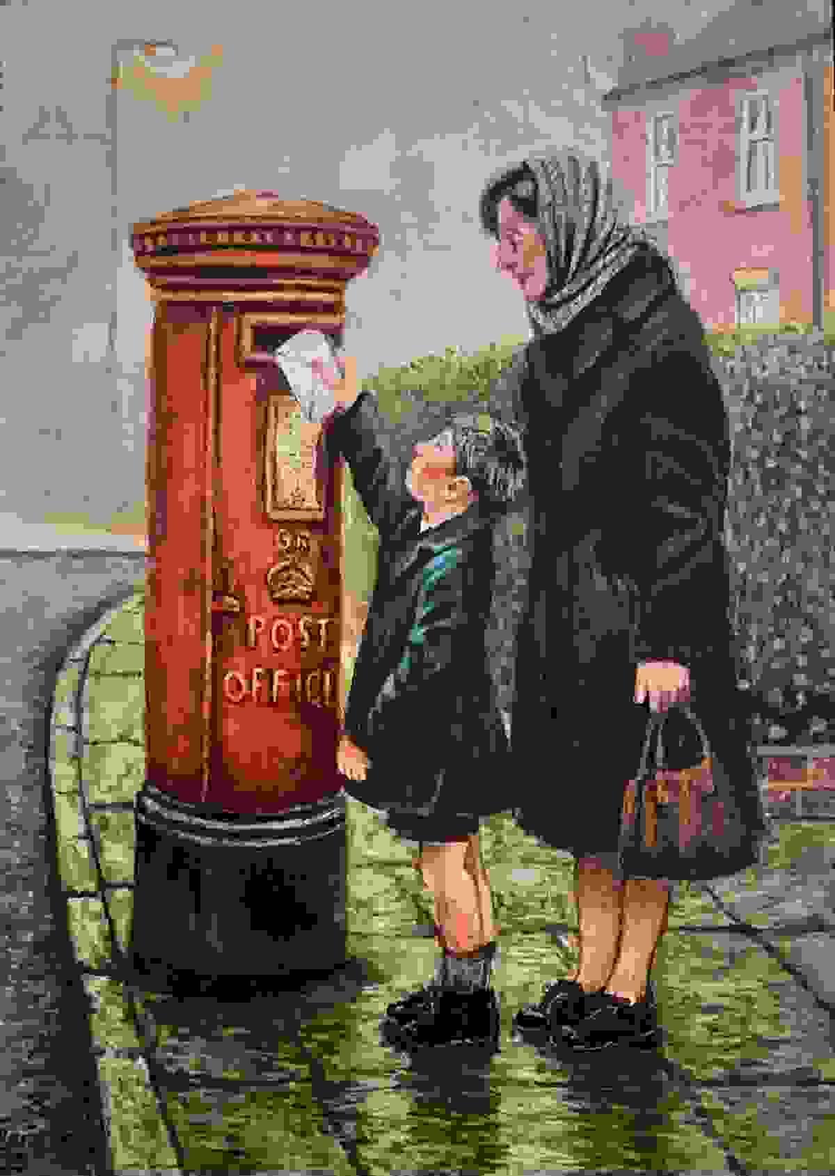 “Painting of a young boy posting a letter with his grandmother on a misty British street, beside a red postbox and lamplit hedge – nostalgic winter morning scene.”