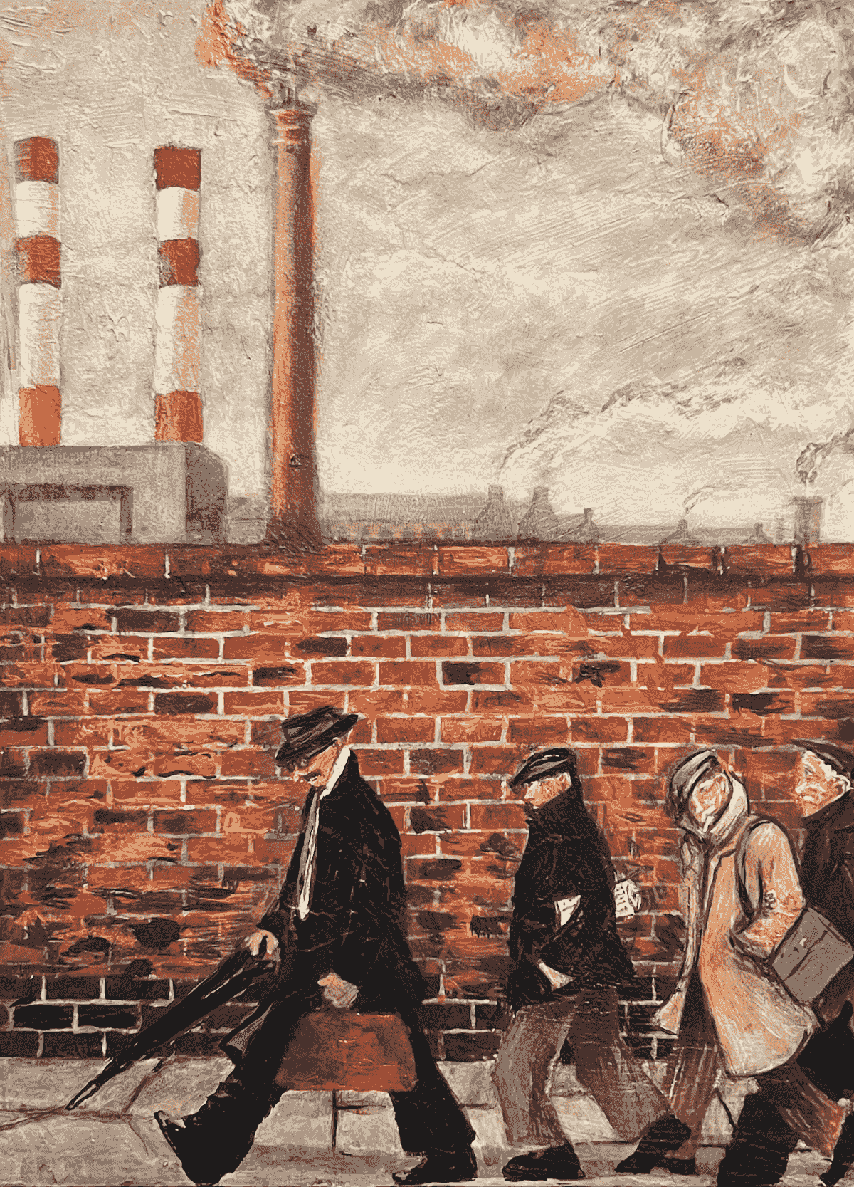 “Four factory workers walk along a red-brick wall beneath smoking chimneys in an industrial landscape — painting by Chris May.”