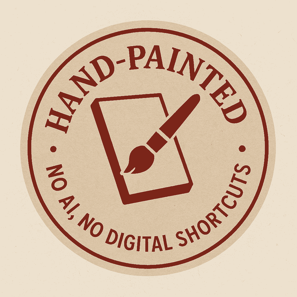 ''Hand-painted artwork badge - no Ai, no digital shortcuts. Every piece created by artist Chris May using traditional methods.''