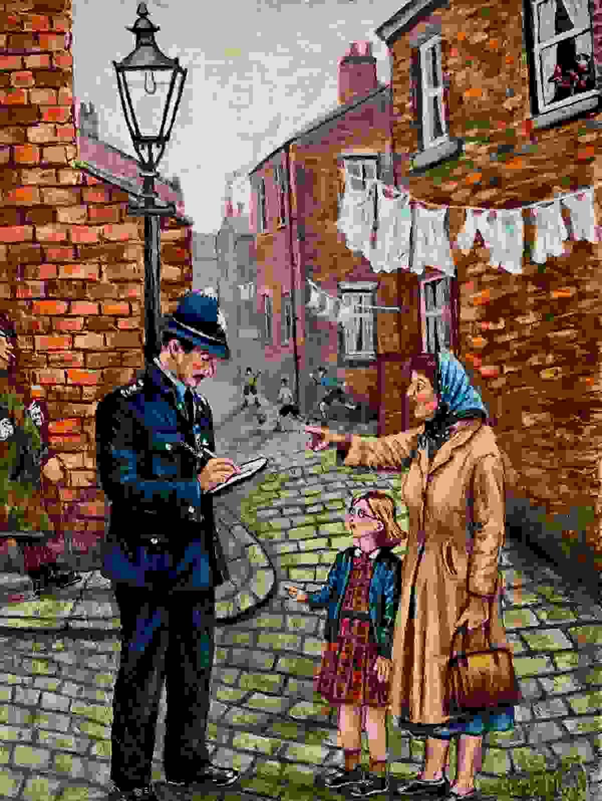 “He Went That Way, Officer” – Acrylic on canvas panel, 15.75 x 11.8 inches (40 x 30 cm). A nostalgic winter street scene featuring a policeman taking notes, a mother pointing the way, and a child by her side beneath a lamplight glow. By Chris May.