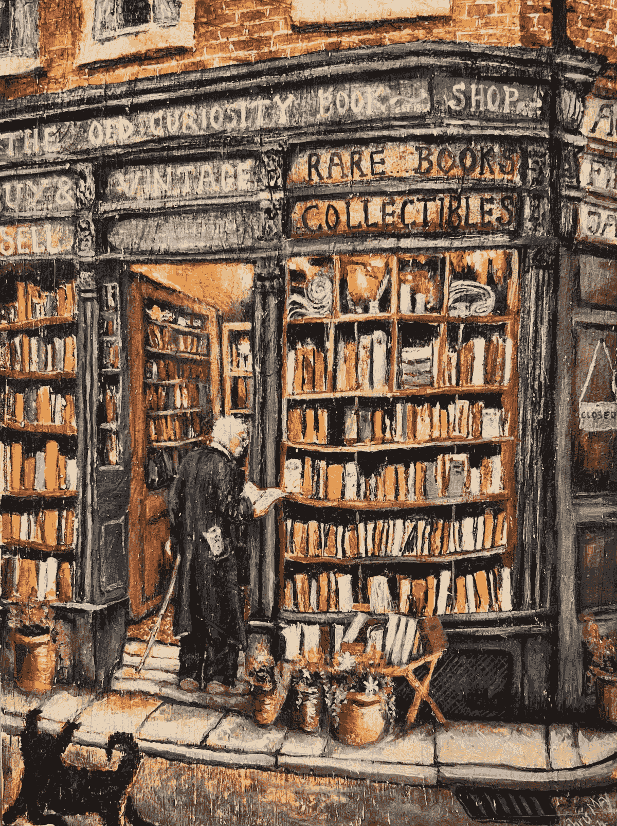 Oil painting of a vintage bookshop with a man browsing the shelves, surrounded by potted plants and books on a cobbled street; nostalgic atmosphere with warm golden lighting.