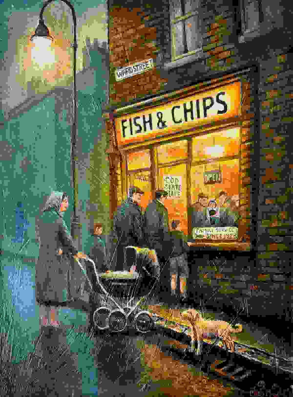 Evening scene outside a glowing fish and chip shop, with families and children gathered in the rain. Original artwork by Chris May.