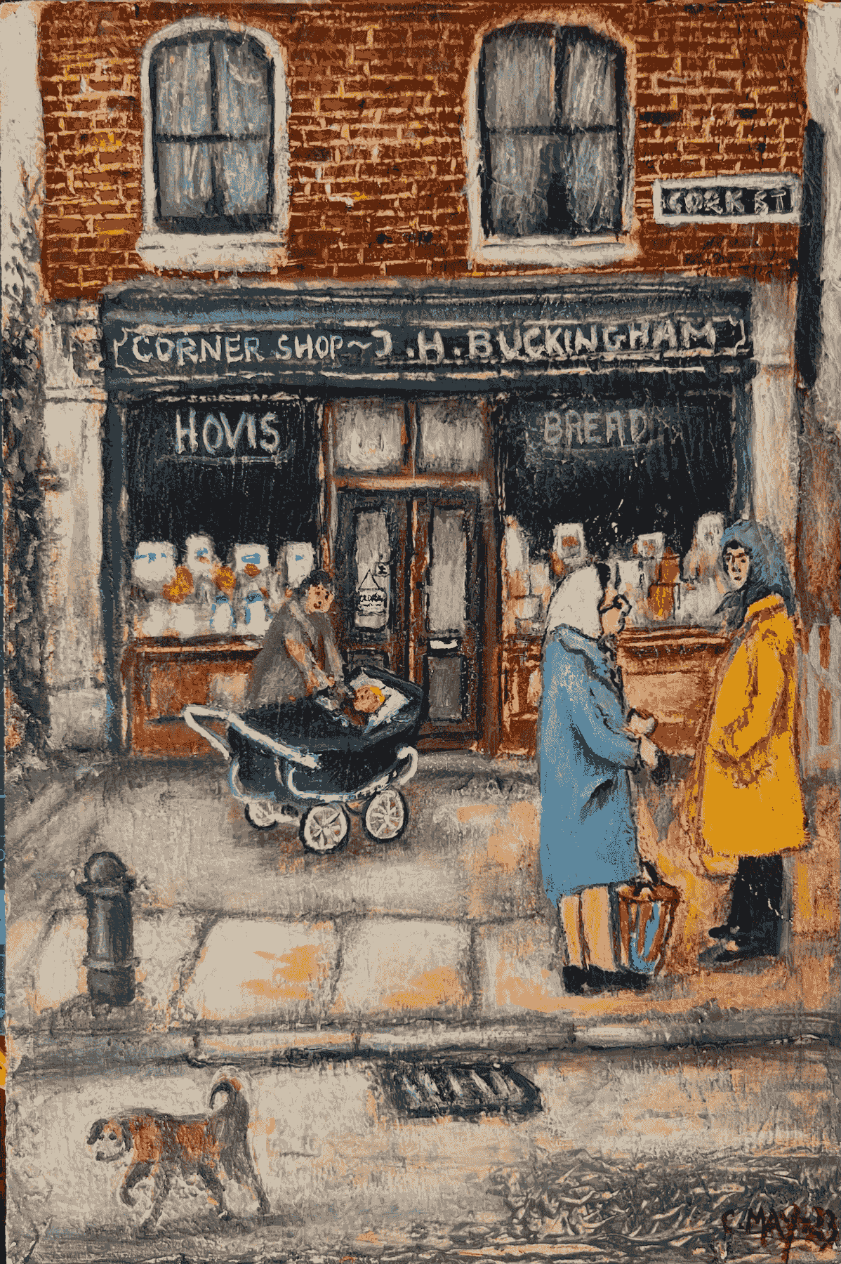 “Two women talking outside a corner shop while a mother tends to her baby in a pram — nostalgic oil painting by Chris May.”