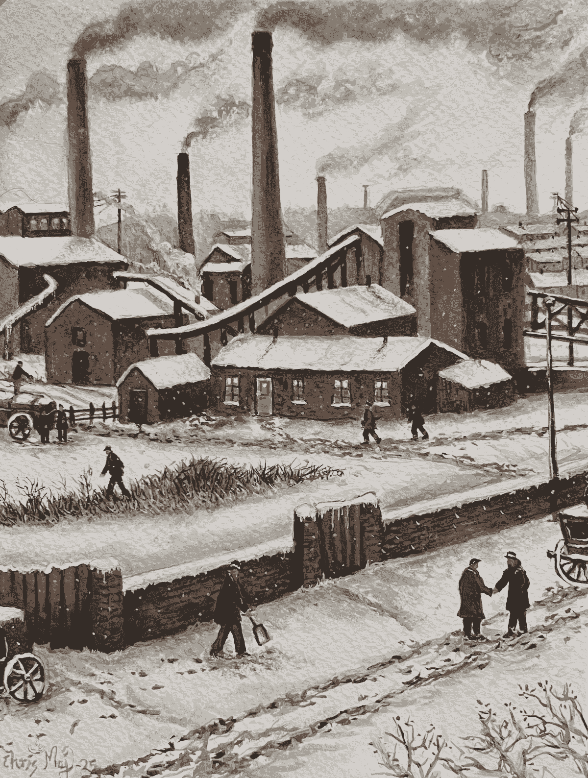 Watercolour painting of workers walking through snow toward a factory at dawn, with smoke rising from chimneys and golden windows glowing in the cold morning light.