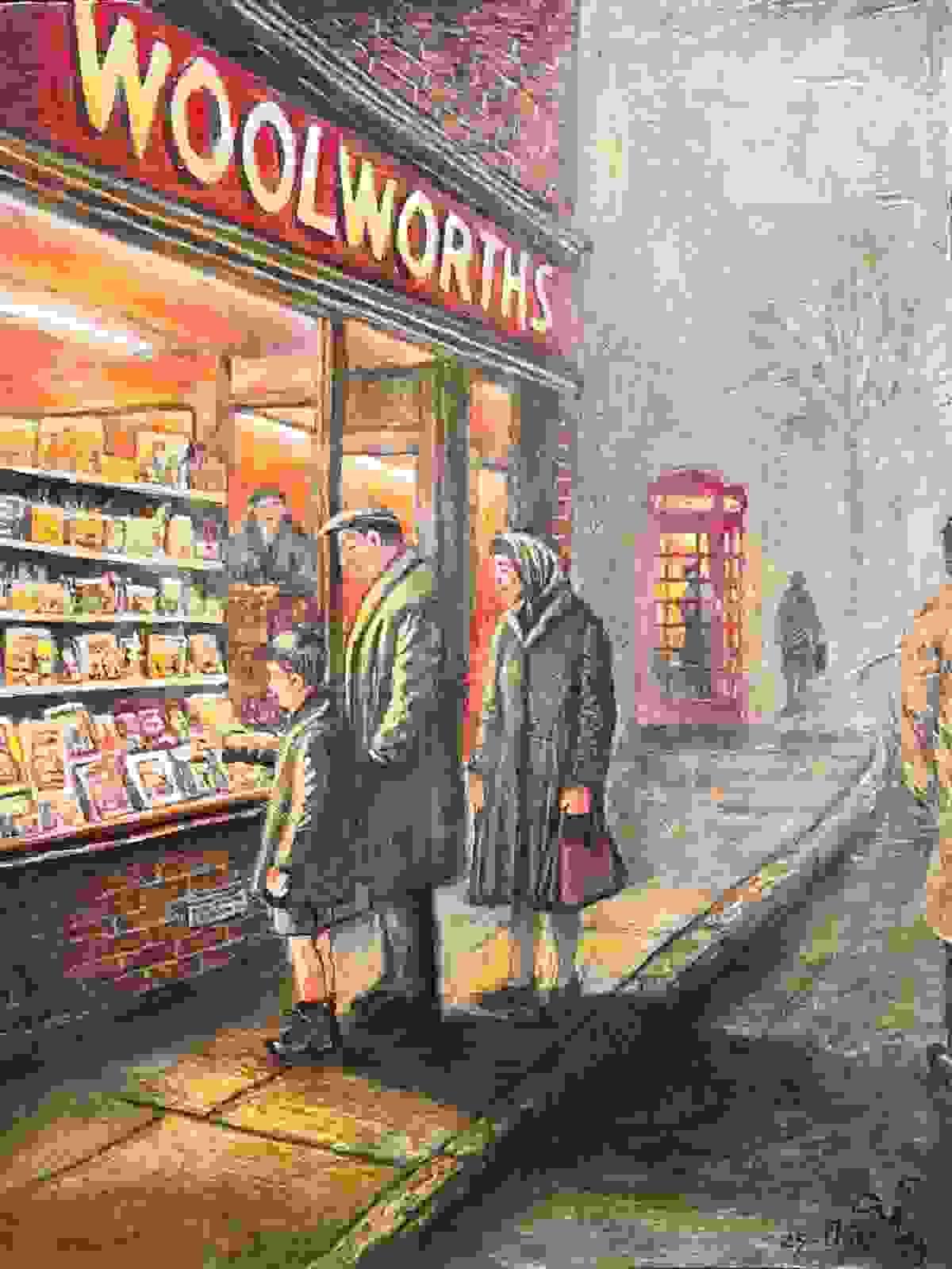 “A family gazes into a lit Woolworths shop window on a wintry street with a red phone box in the background — acrylic painting by Chris May.”