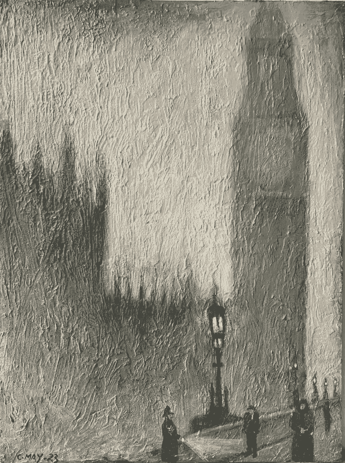 Oil painting titled Fog in London by Chris May. Westminster and Big Ben shrouded in fog, with soft silhouettes and figures gathered under a glowing lamppost. A nostalgic, moody London street scene