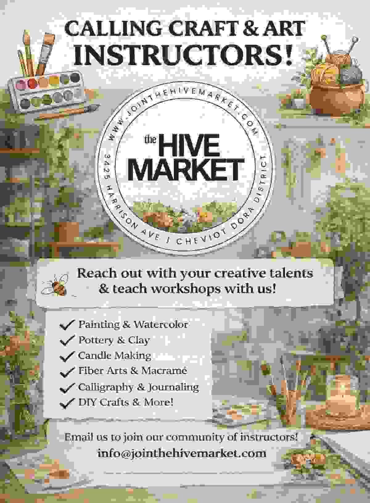 We invite vendors to collaborate with us, creating a diverse marketplace that enriches our community and supports local entrepreneurship. Vendor Collaboration What We Offer Site Name: The Hive Market
Domain (optional): hivecraftcocktails.com/thehivemarket or custom domain
Connected Brand: Hive Craft Cocktails
Platform: Strikingly
Goal: Celebrate local artists, promote community events, and invite vendor collaboration
Tagline: Join the Hive
🎨 Brand Style Guide
Color Palette:
Black (#000000)
White (#FFFFFF)
Accents: Walnut (rich wood), Linen (warm neutral)
Typography:
Headings: Playfair Display (or similar elegant serif)
Body: Inter (clean, professional sans-serif)
Tone:
Elevated, inviting, stylish, approachable
Think Magnolia Market meets artisan collective
📄 Page Layout & Content
1. HERO SECTION (Full-Screen Image)
Use uploaded hero image: “HIVE Market_Final_Ad (Website).png”
No text overlay needed — use built-in graphic from image
Add a centered or bottom-floating button: "Enter the Market" → scrolls to Welcome section
2. WELCOME SECTION
Text Block Title: Welcome to The Hive Market
Body Copy:
Rooted in Cheviot’s Dora District, The Hive Market brings together arti We invite vendors to collaborate with us, creating a diverse marketplace that enriches our community and supports local entrepreneurship. Vendor Collaboration What We Offer Site Name: The Hive Market
Domain (optional): hivecraftcocktails.com/thehivemarket or custom domain
Connected Brand: Hive Craft Cocktails
Platform: Strikingly
Goal: Celebrate local artists, promote community events, and invite vendor collaboration
Tagline: Join the Hive
🎨 Brand Style Guide
Color Palette:
Black (#000000)
White (#FFFFFF)
Accents: Walnut (rich wood), Linen (warm neutral)
Typography:
Headings: Playfair Display (or similar elegant serif)
Body: Inter (clean, professional sans-serif)
Tone:
Elevated, inviting, stylish, approachable
Think Magnolia Market meets artisan collective
📄 Page Layout & Content
1. HERO SECTION (Full-Screen Image)
Use uploaded hero image: “HIVE Market_Final_Ad (Website).png”
No text overlay needed — use built-in graphic from image
Add a centered or bottom-floating button: "Enter the Market" → scrolls to Welcome section
2. WELCOME SECTION
Text Block Title: Welcome to The Hive Market
Body Copy:
Rooted in Cheviot’s Dora District, The Hive Market brings together arti