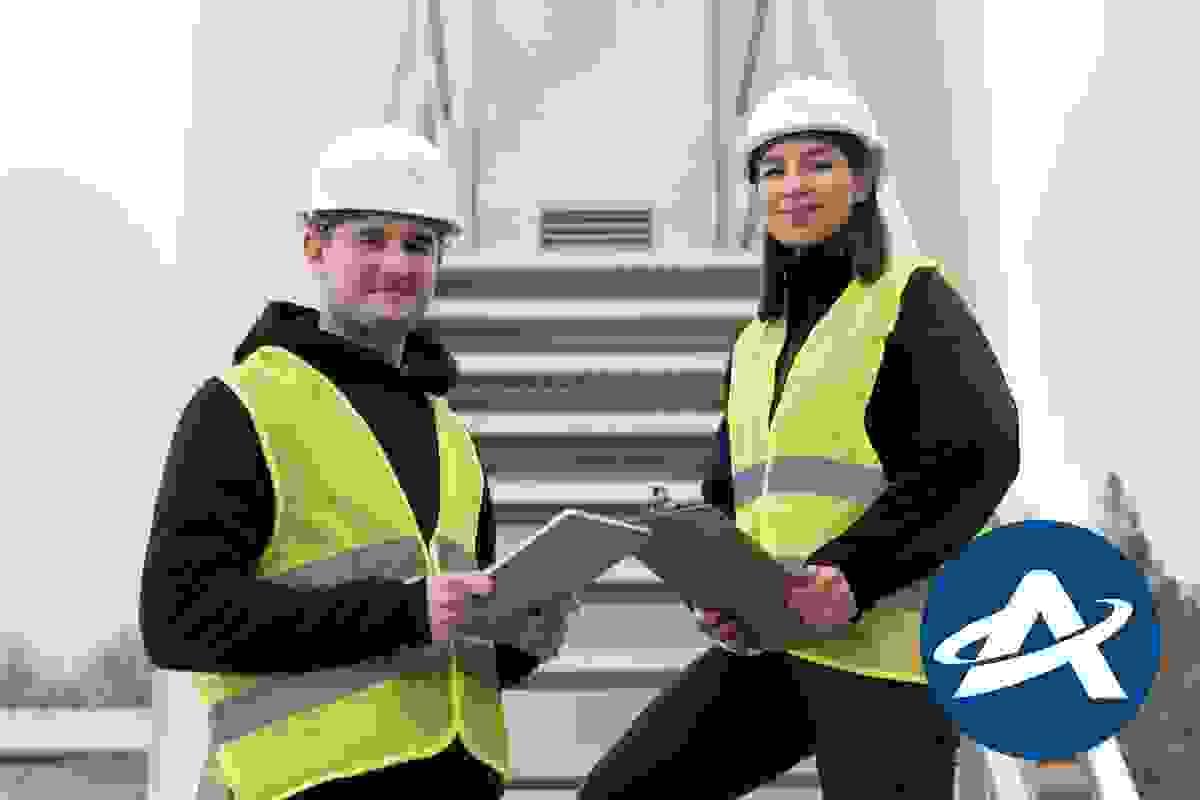 A male and a female in yellow safety vests and white helmets hold clipboards, standing in front of stairs. A male and a female in yellow safety vests and white helmets hold clipboards, standing in front of stairs.