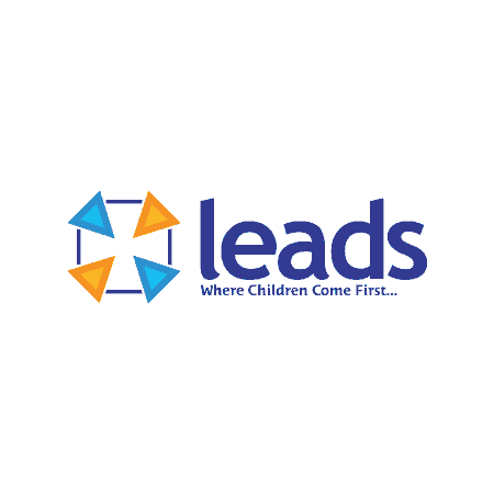 LEADS Sri Lanka logo – four inward-facing triangles connected by lines forming a shape, next to the word 'LEADS' in simple, modern lettering, with the tagline 'Where children come first.