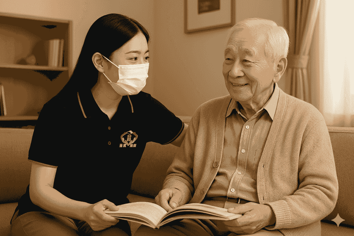 在北投居家長照的冠冕居服員陪著長輩閱讀聊天 在北投居家長照的冠冕居服員陪著長輩閱讀聊天