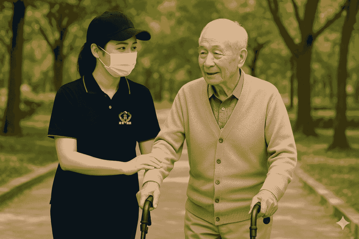 在台北中山區的冠冕居服員陪同長輩外出 在台北中山區的冠冕居服員陪同長輩外出