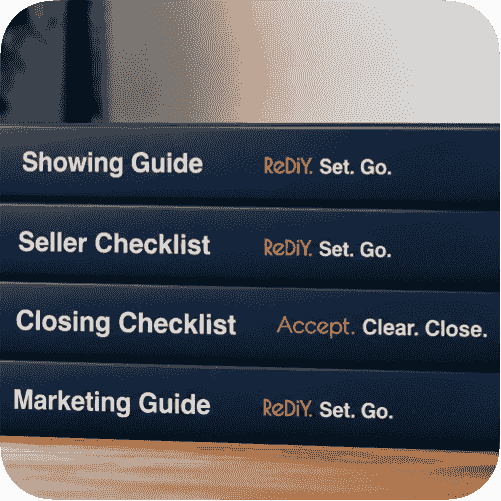 ReDiY guide covers showing showing guide, seller checklist, closing checklist, and marketing guide with taglines ReDIY. Set. Go. and Accept. Clear. Close. ReDiY guide covers showing showing guide, seller checklist, closing checklist, and marketing guide with taglines ReDIY. Set. Go. and Accept. Clear. Close.