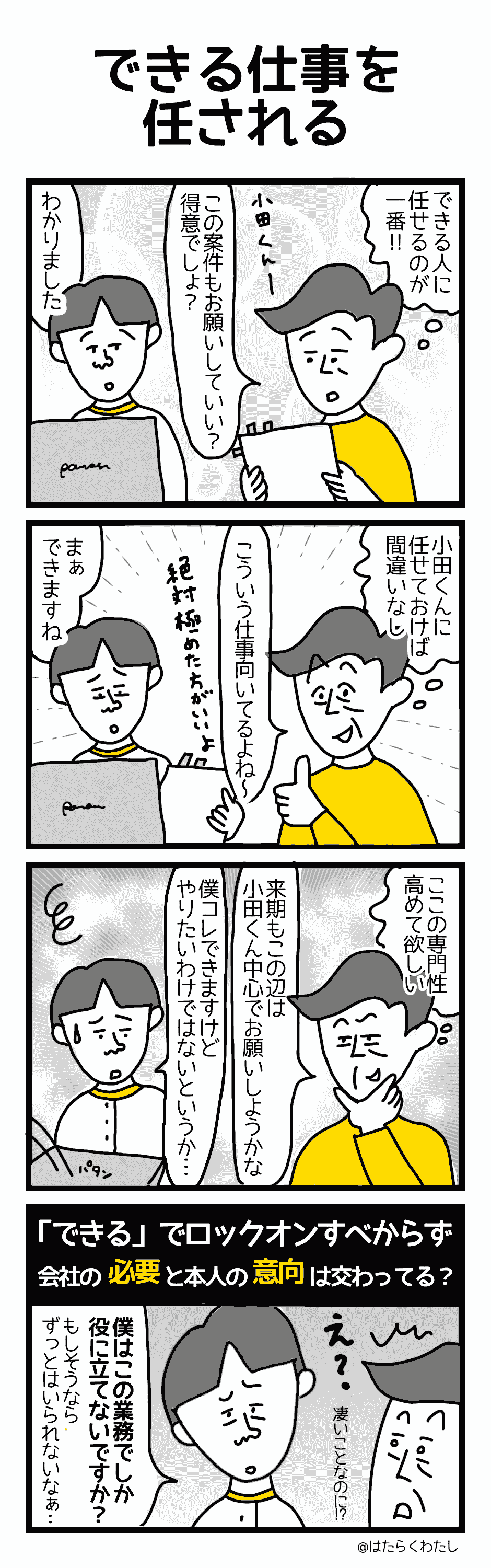 4コマ漫画はたらくわたし「できる仕事を任される」 4コマ漫画はたらくわたし「できる仕事を任される」