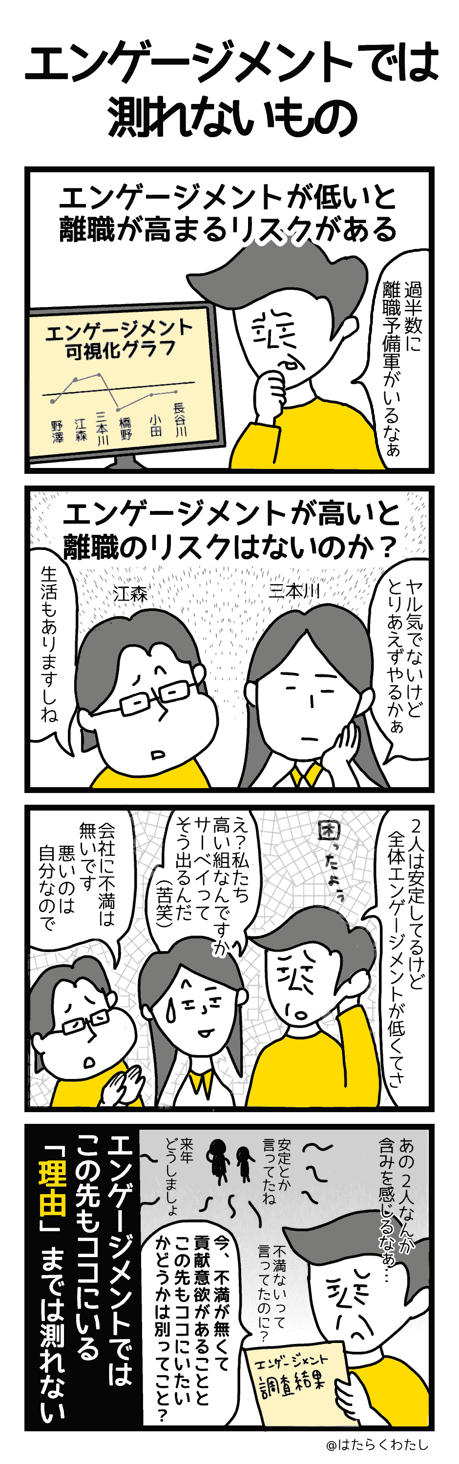 4コマ漫画はたらくわたし「エンゲージメントで測れないもの」 4コマ漫画はたらくわたし「エンゲージメントで測れないもの」