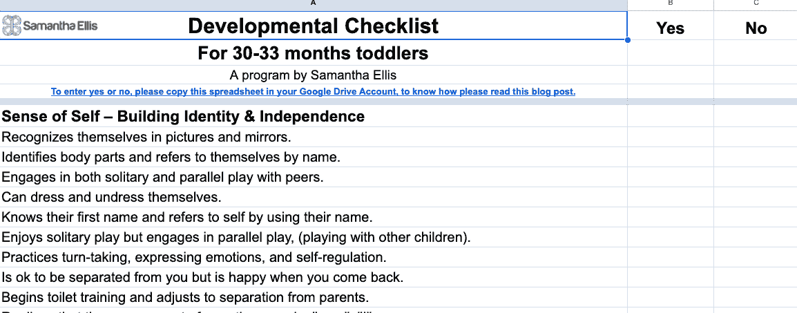 Developmental Checklist For 30 months toddlers