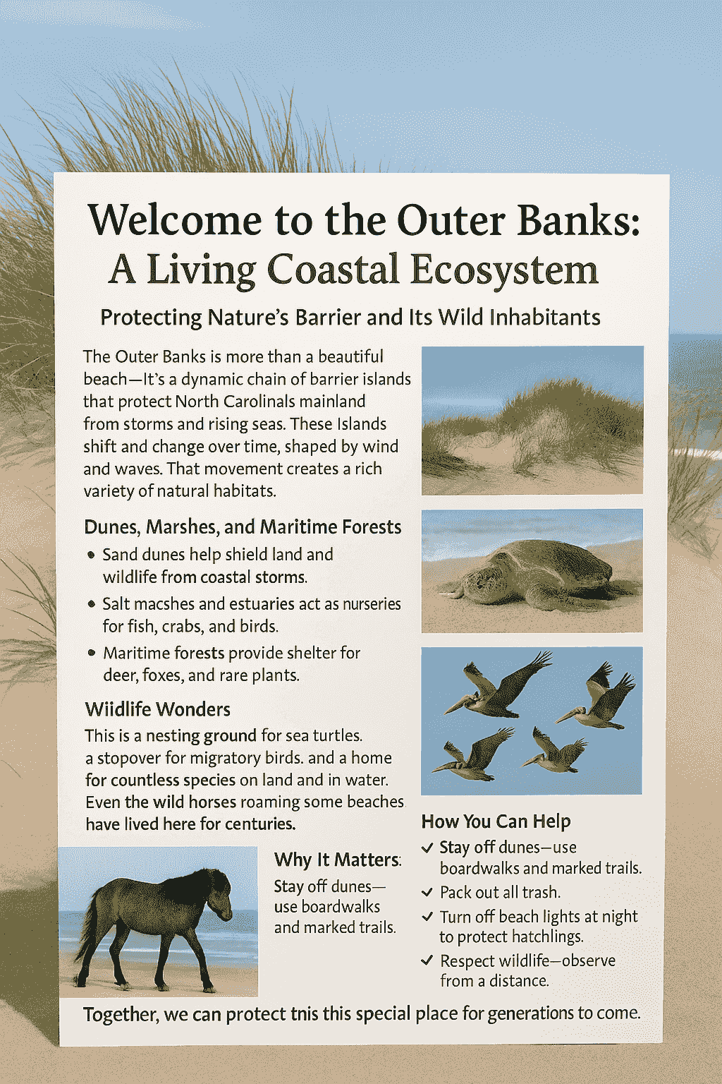We implement hands-on stewardship programs that empower individuals and groups to take direct action in preserving the coastal environment. Our programs include habitat restoration, wildlife monitoring, and coastal resilience projects that benefit both the ecosystem and the community. Stewardship Programs Our Mission Education, Outreach and Environmental Stewardship