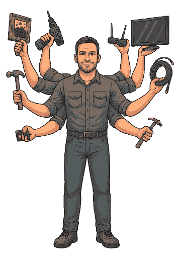 An eight armed cartoon of Jesse holds various tools and technology.